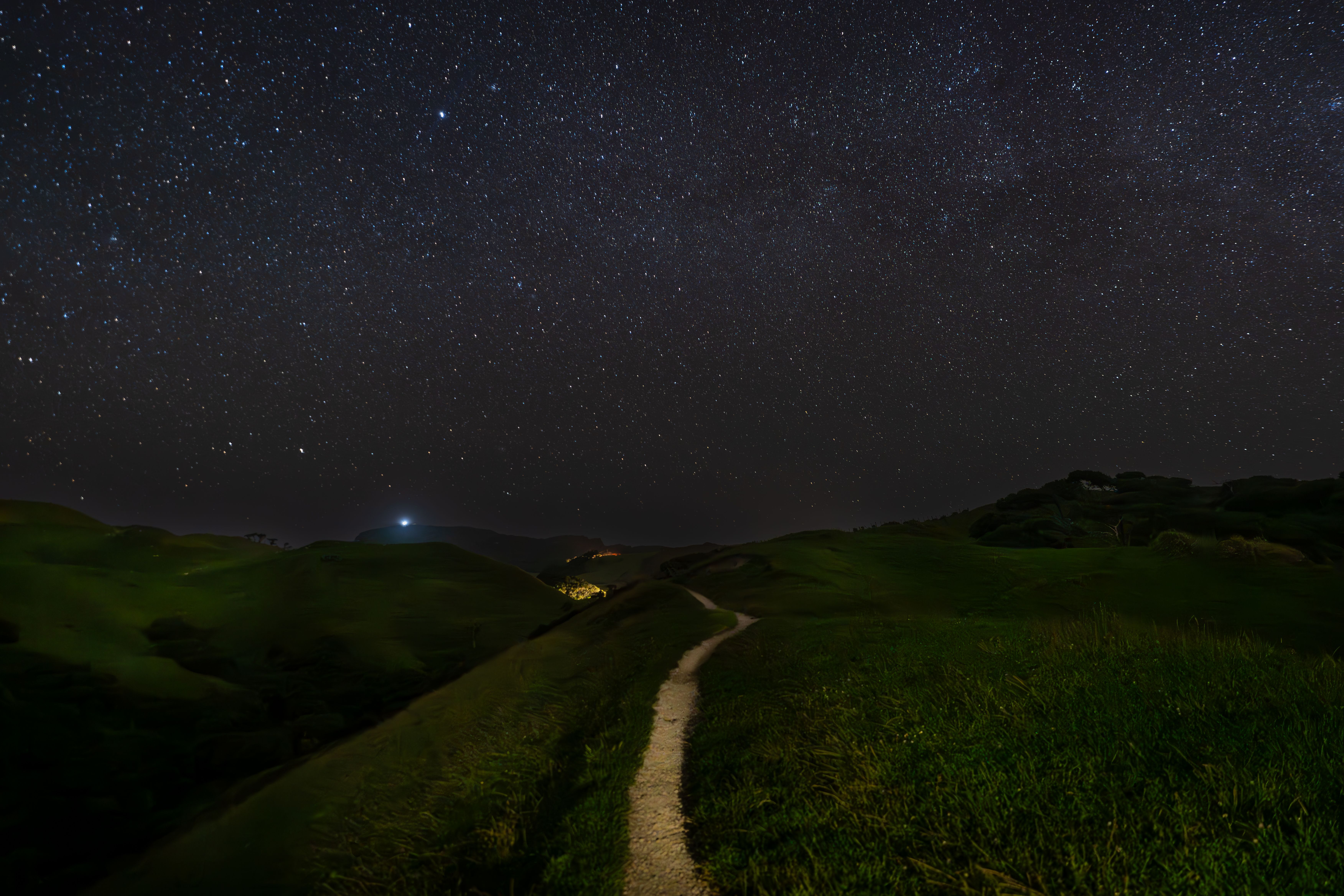 A clear starry night sky illuminates a winding path through lush grassy hills.