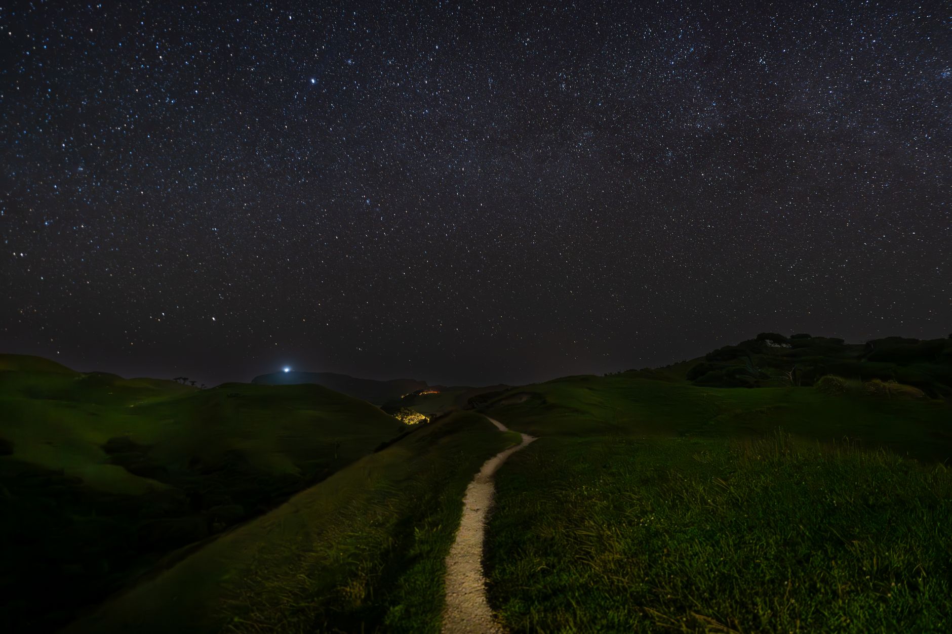 A clear starry night sky illuminates a winding path through lush grassy hills.