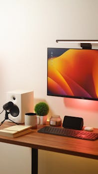 Stylish home office setup with a clean, minimalist design featuring a monitor, speaker, and accessories.