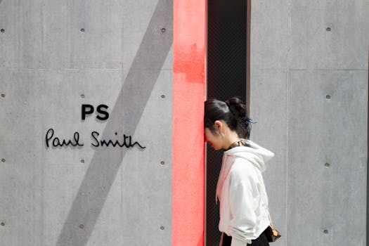 一名穿着白色连帽衫的女子走过保罗·史密斯商店的极简主义标志和墙壁