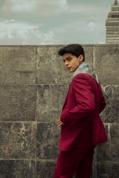 Fashionable man posing in red suit against a stone wall in Mexico City.