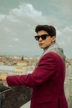 A fashionable man in a red jacket and sunglasses against the scenic backdrop of Ciudad de México.