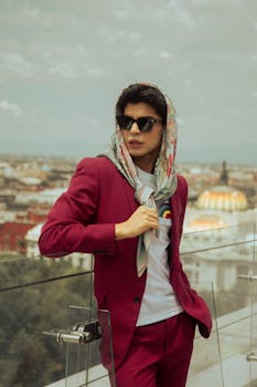 Stylish woman in red suit with scarf and sunglasses on a rooftop in Mexico City.