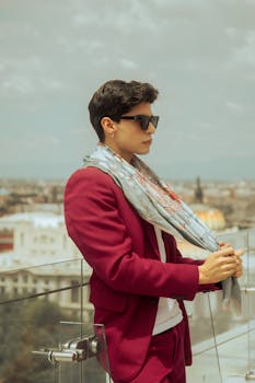 A fashionable man in a vibrant suit on a rooftop in Ciudad de México, showcasing urban style.