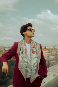 Stylish man in vibrant outfit posing on a rooftop with a stunning city view in Ciudad de México.