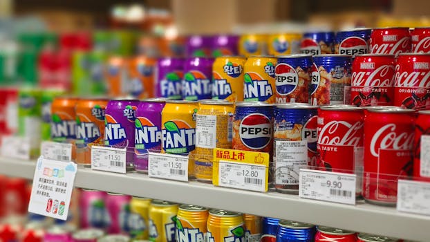 Colorful soda cans including Fanta, Pepsi, and Coca-Cola arranged on supermarket shelves, price tags visible.