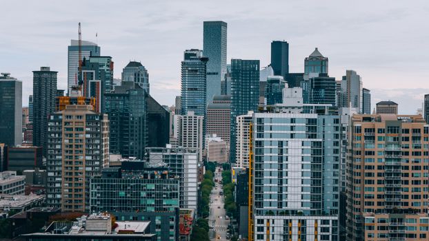 Aerial view of Seattle's downtown skyline showcasing modern skyscrapers and urban architecture.