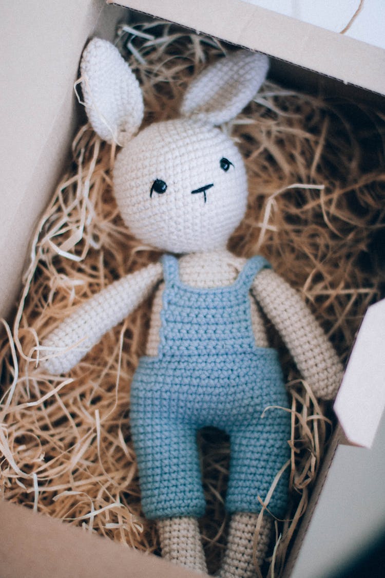 Crochet Toy In Shape Of Hare In Cardboard Box