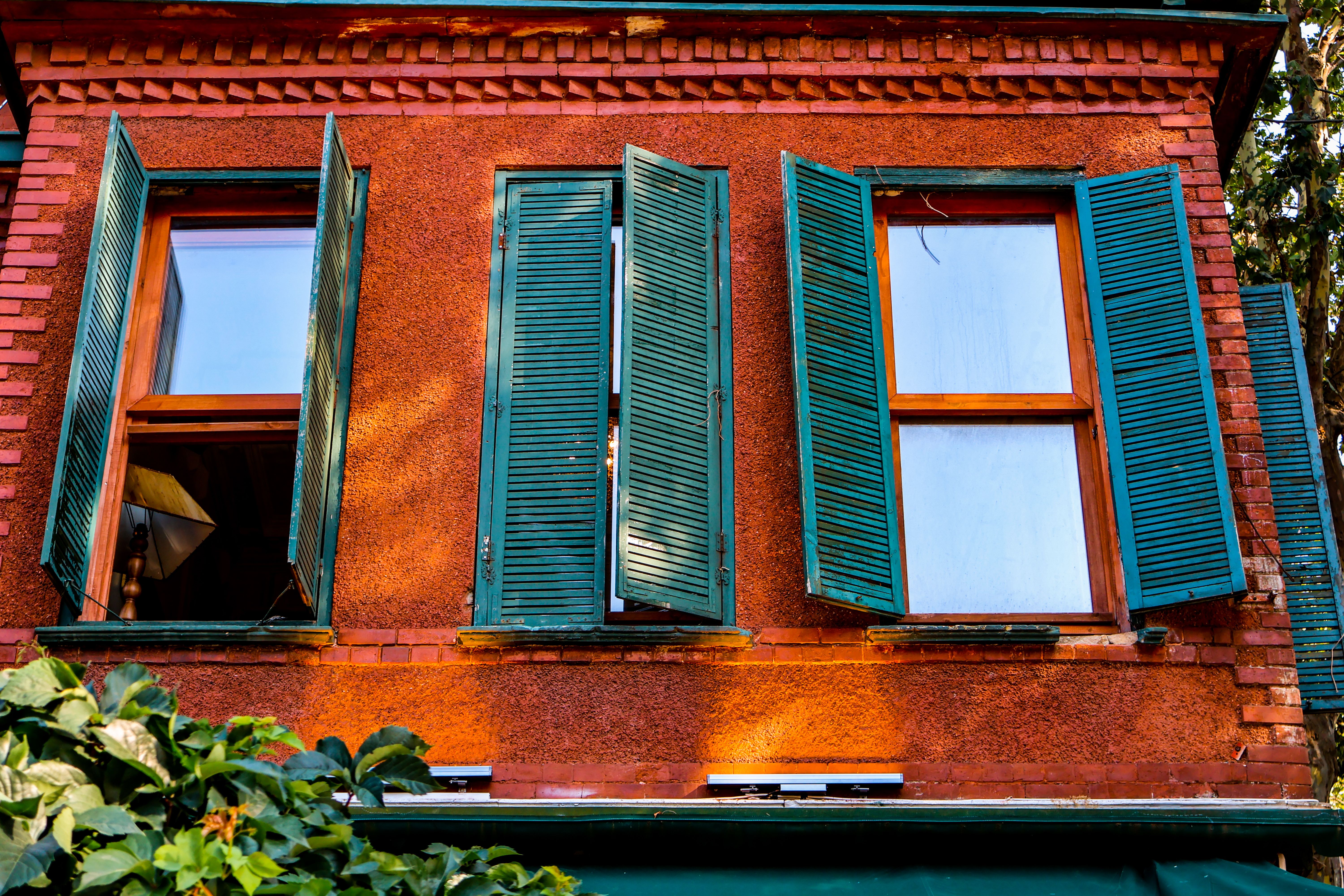 A building with green shutters and a green tree · Free Stock Photo