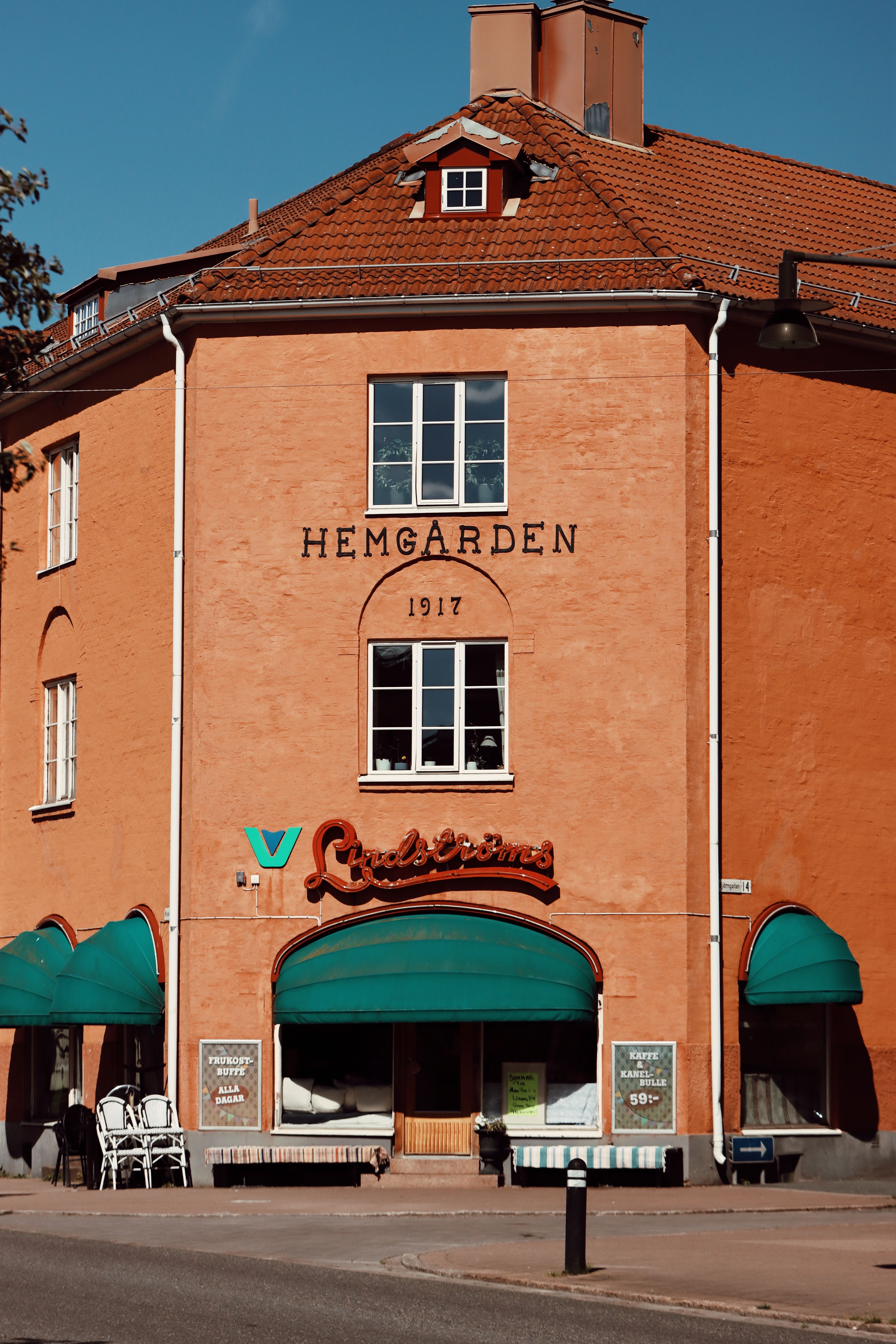Old architectural facade of Hemgården building in Jönköping, Sweden.
