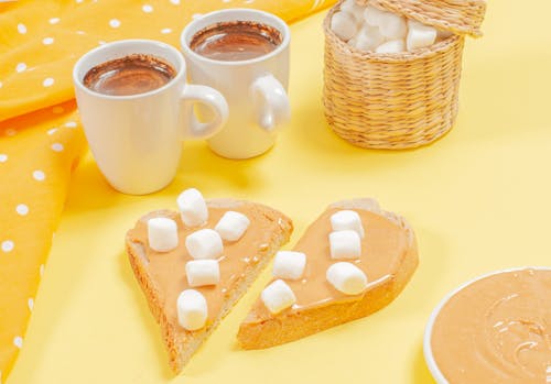 Free Two Chocolate Drinks Beside Peanut Butter Sandwich With White Marshmallows Stock Photo