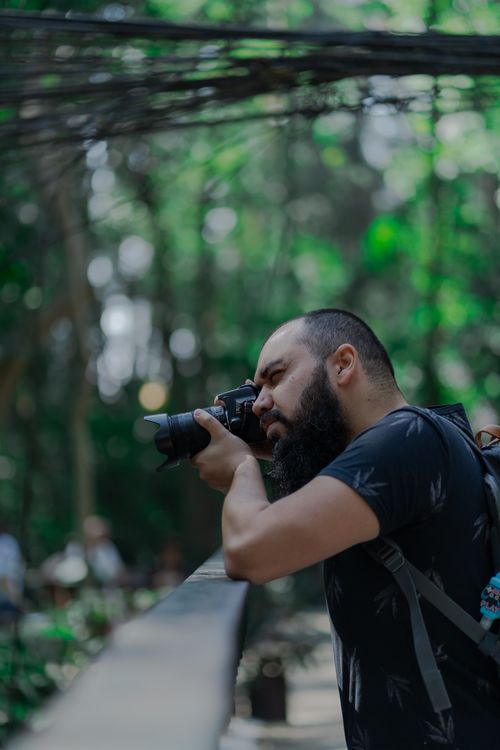 Free A bearded man with a camera photographing the lush outdoor scenery in a park setting. Stock Photo