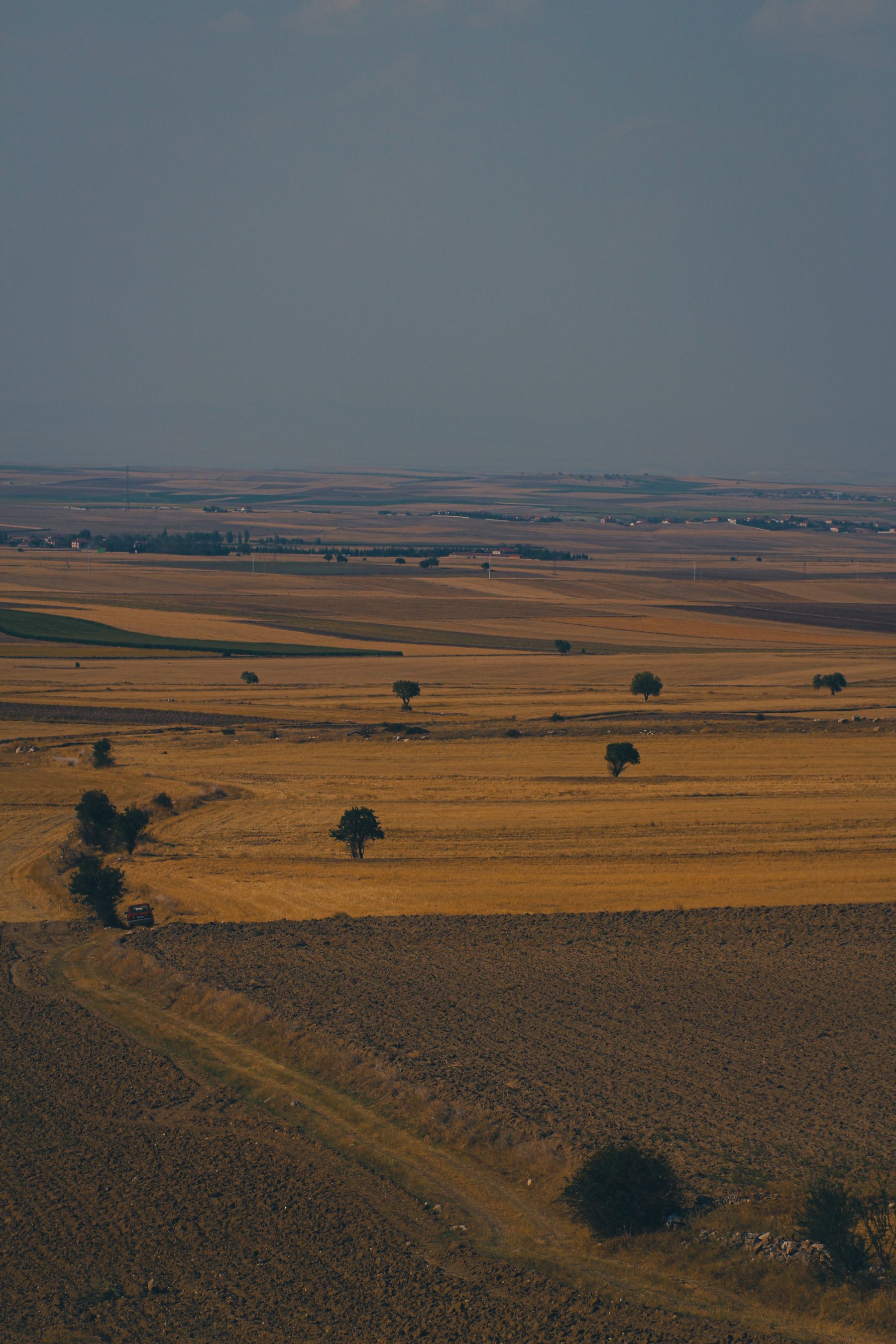 An aerial view of harvested fields stretching to the horizon