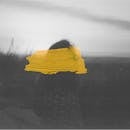 这幅艺术抽象肖像以黑白轮廓为特色，并点缀着大胆的黄色油漆笔触