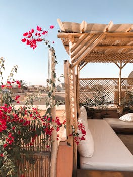 宁静的露台上摆放着鲜艳的红花和白天里质朴的木制座椅