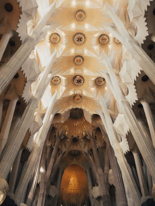 Free Stunning view of the famous Sagrada Familia ceiling showcasing intricate architecture and artistry. Stock Photo