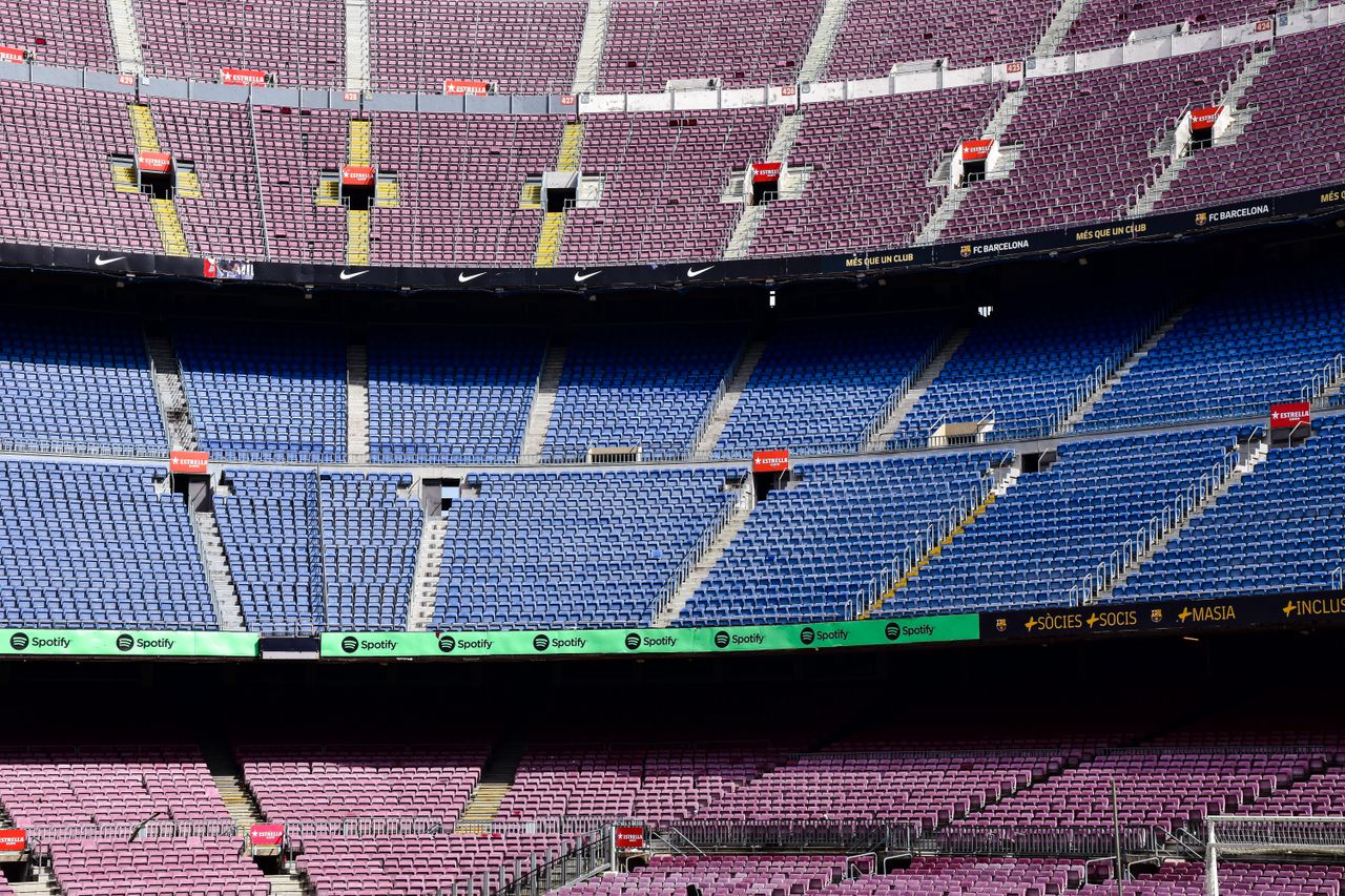 wide angle view of the empty stands at camp nou stadium in barcelona d