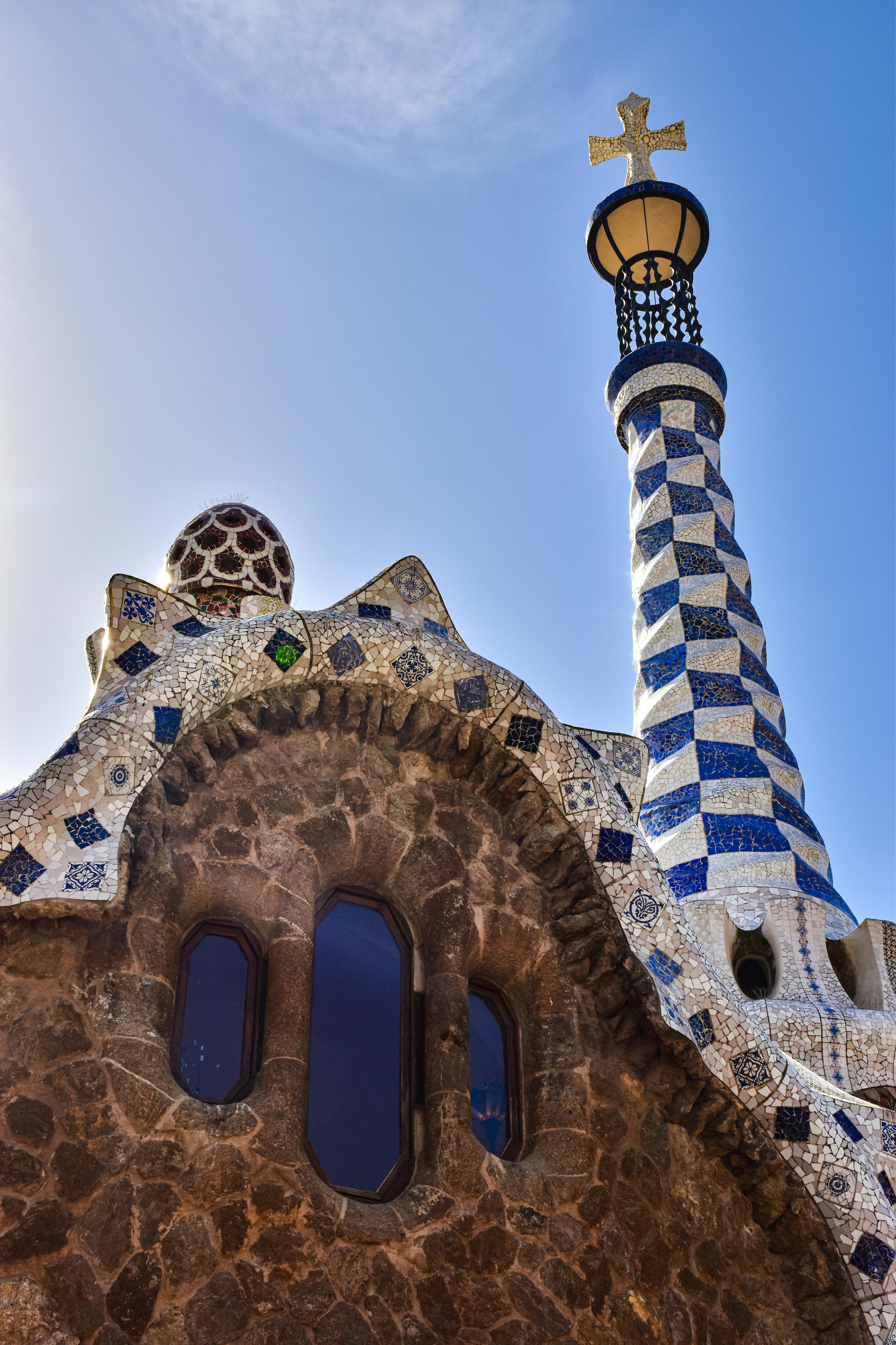 the building has a blue and white roof