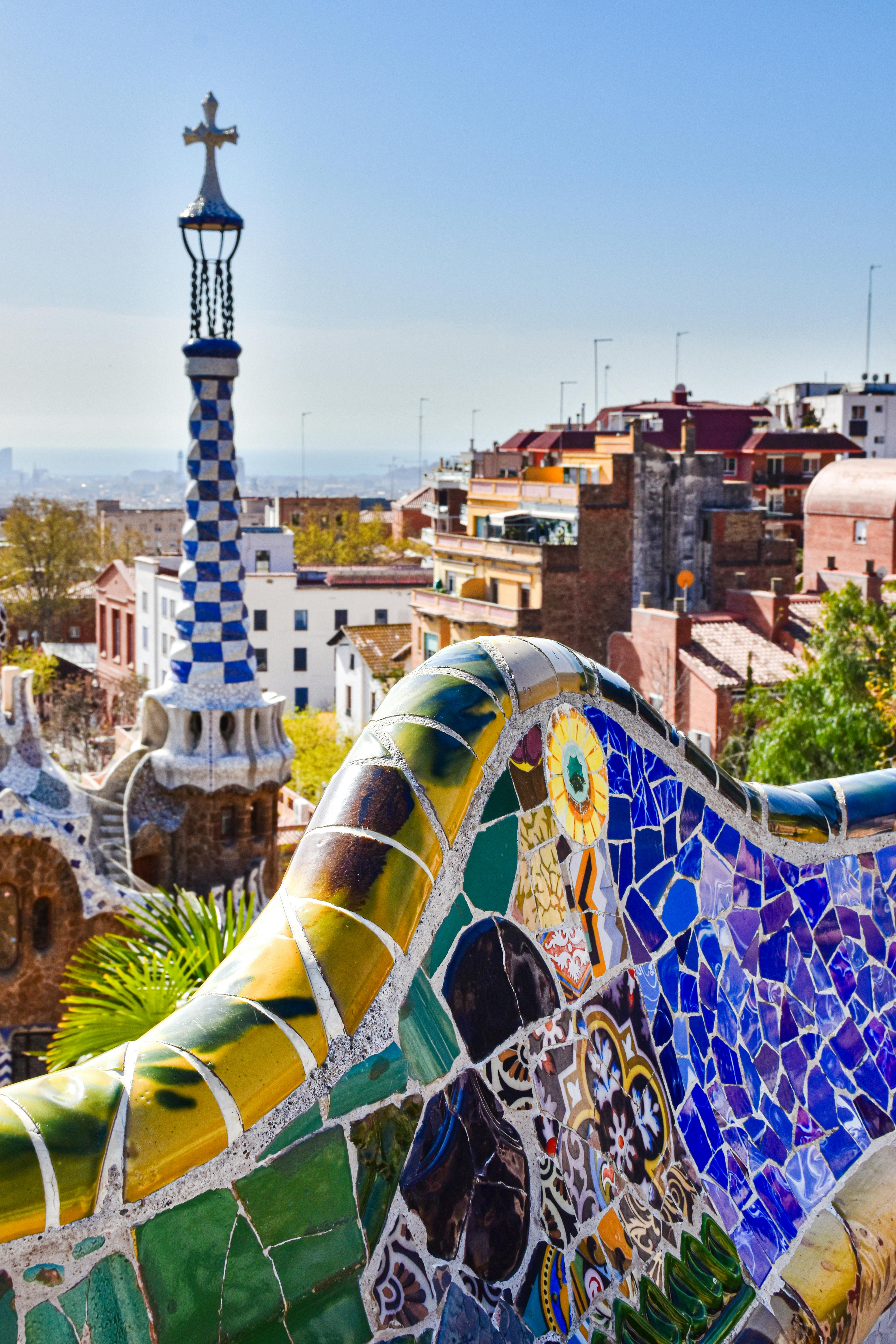 the colorful mosaic tiles of park guell