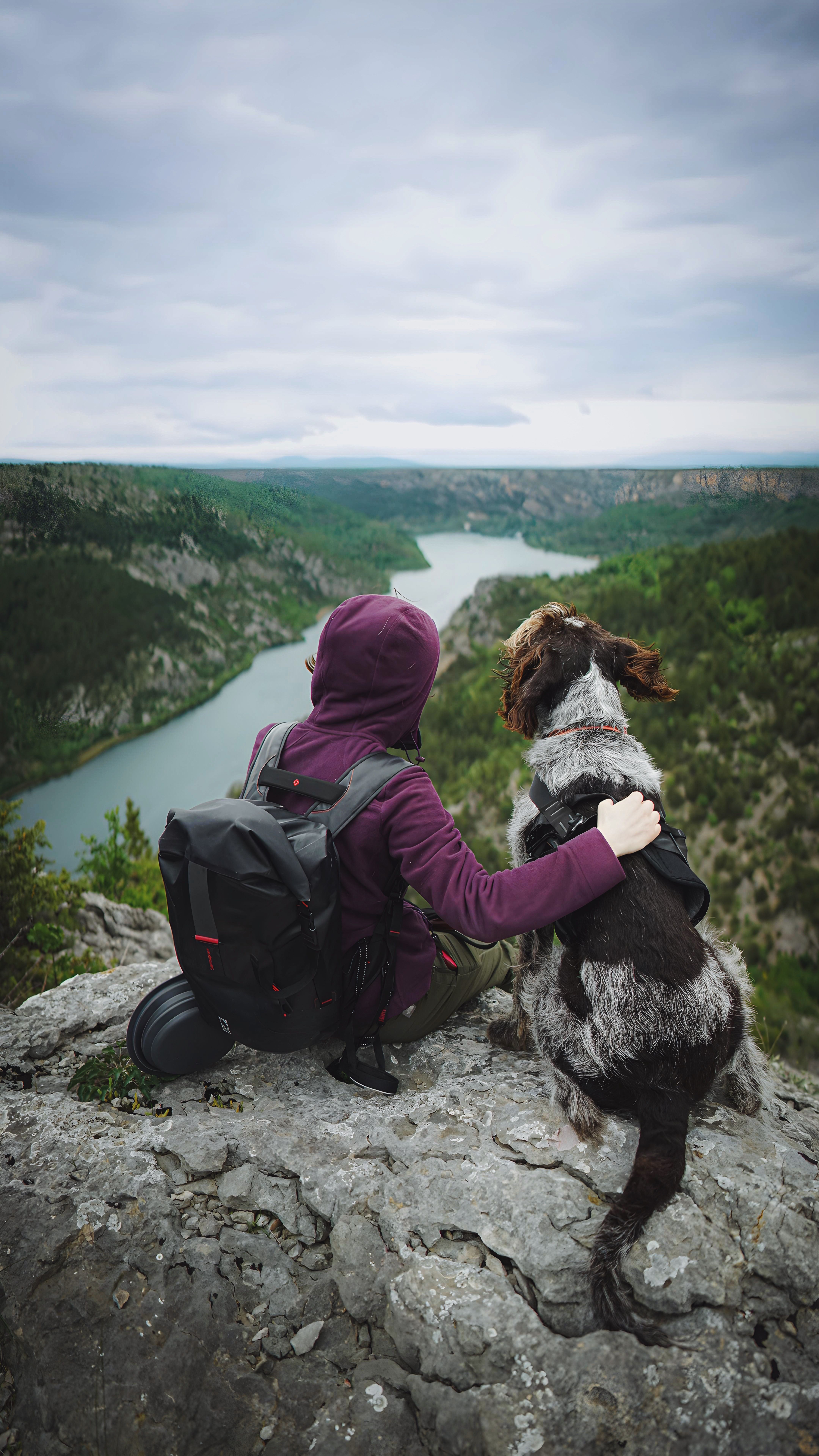 Woman with backpack and dog on a cliff overlooking a lush valley and river.