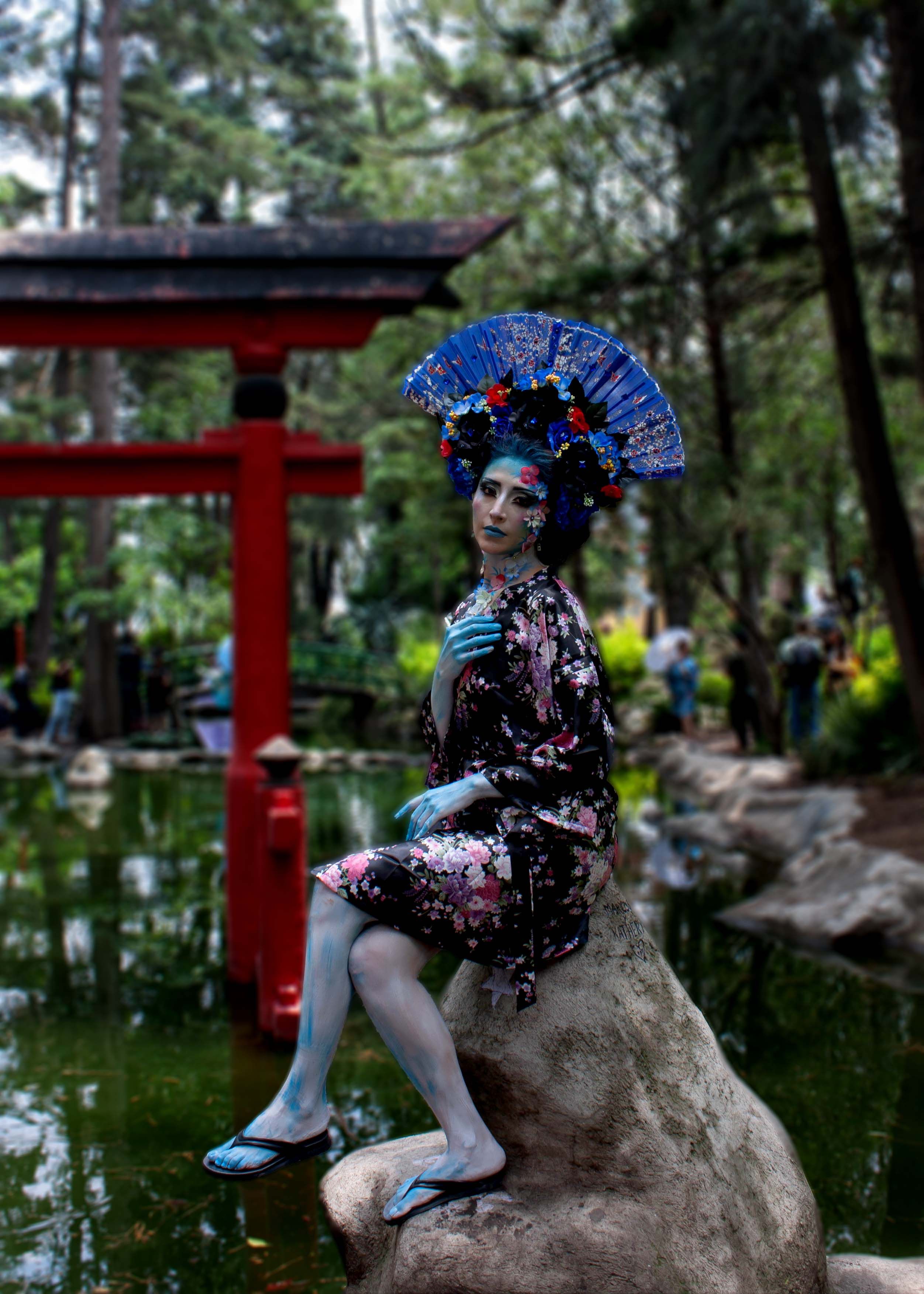 A woman in a blue and white costume sitting on a rock · Free Stock Photo