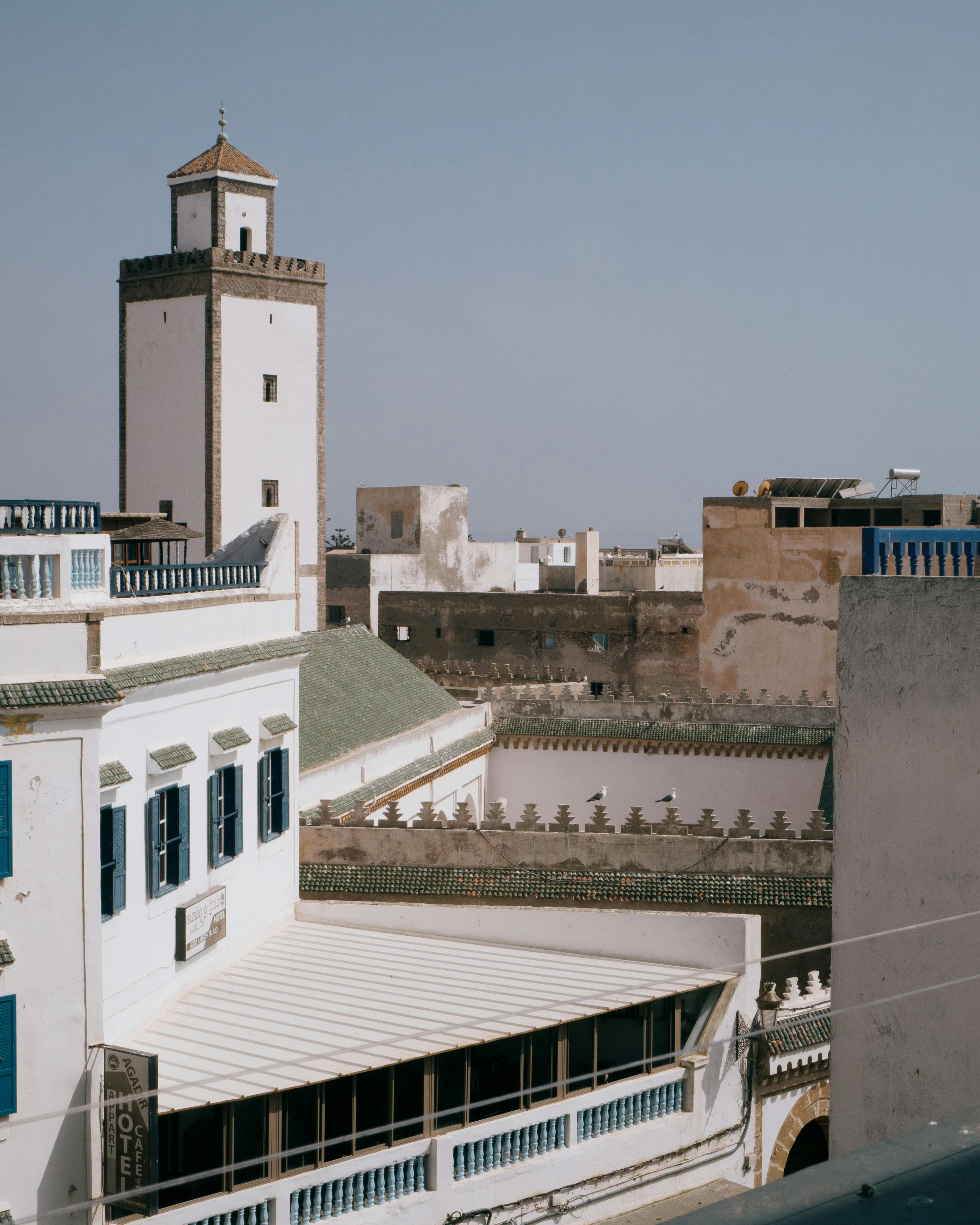 Scenic view of traditional Moroccan architecture in Essaouira's old city.