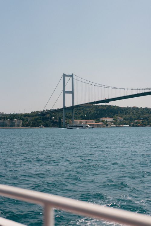 Free Breathtaking view of the Bosphorus Bridge in İstanbul spanning the blue waters. Stock Photo