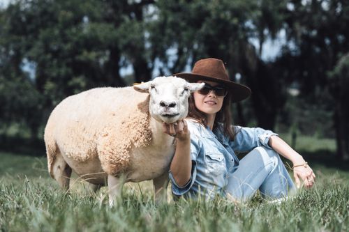 Free A woman and sheep relaxing in a serene rural landscape on a sunny day. Stock Photo