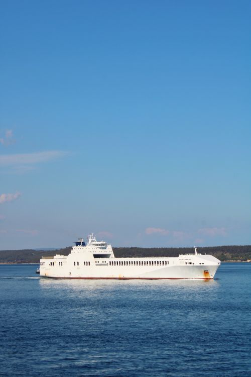 Free A white ferry sails across the calm blue ocean on a sunny day, reflecting the clear sky. Stock Photo