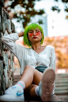 夏季，一位绿发时尚女子在吉隆坡城市公园的户外摆姿势