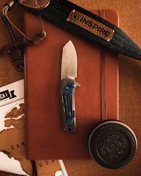 一把老式刀放在皮革日记本上，旁边是适合冒险者的旅行装备