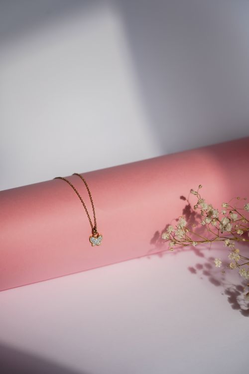 Free A delicate gold necklace with a flower accent is beautifully displayed on a pastel pink background with soft lighting. Stock Photo