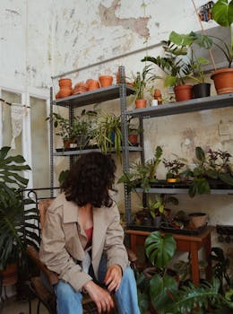 A woman sits in a lush indoor garden surrounded by plants in a cozy room, creating a serene atmosphere.