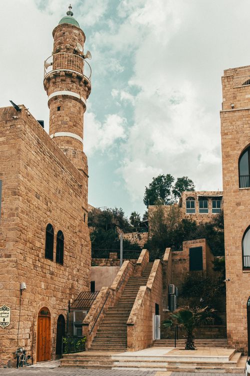 Free Scenic view of historic stone tower and staircase in Jaffa, Tel Aviv-Yafo, Israel. Stock Photo