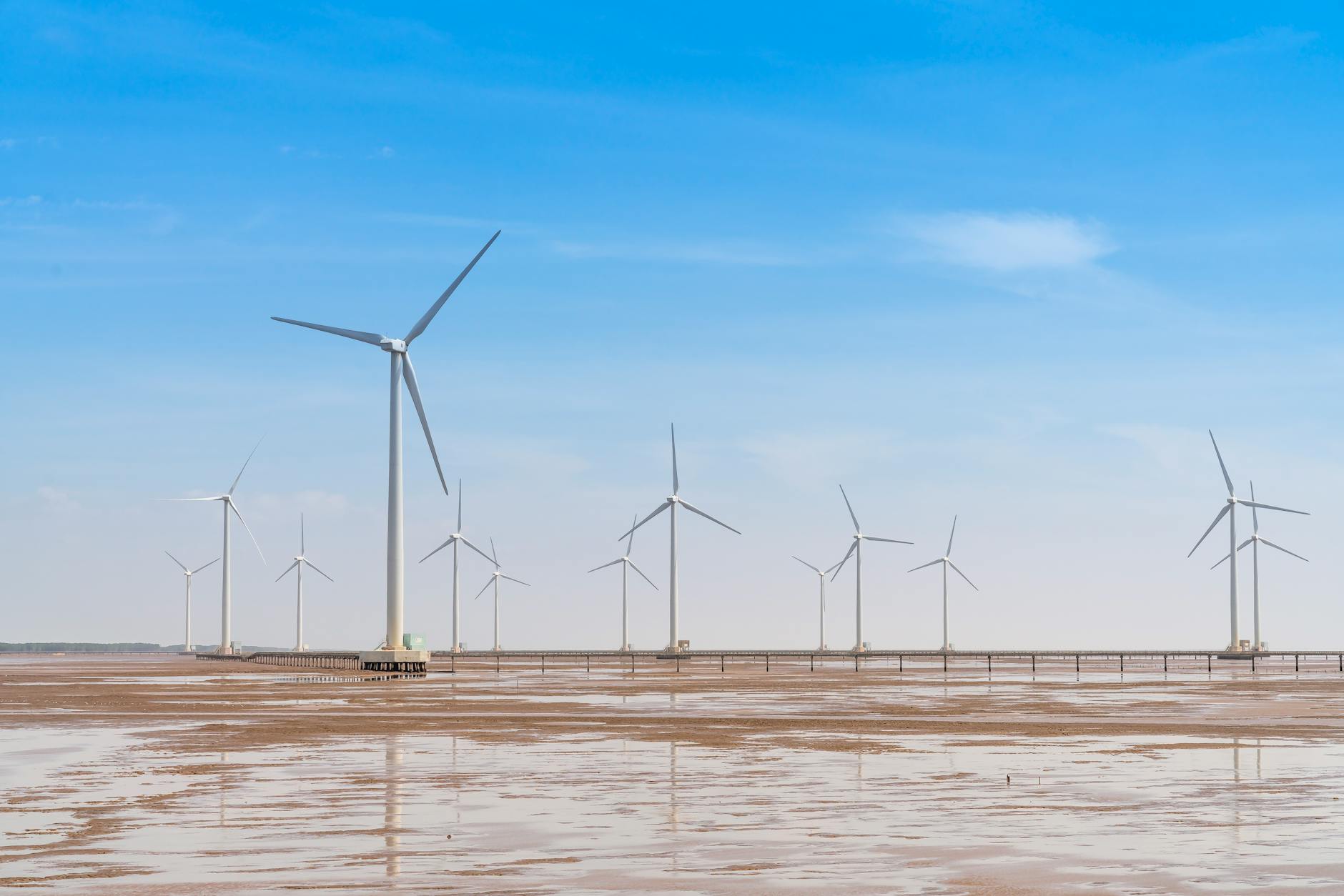 Expansive wind farm with turbines under a bright blue sky, showcasing renewable energy.