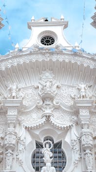 Intricate Baroque church facade in Tlaxcala, Mexico, showcasing ornate design and religious art.