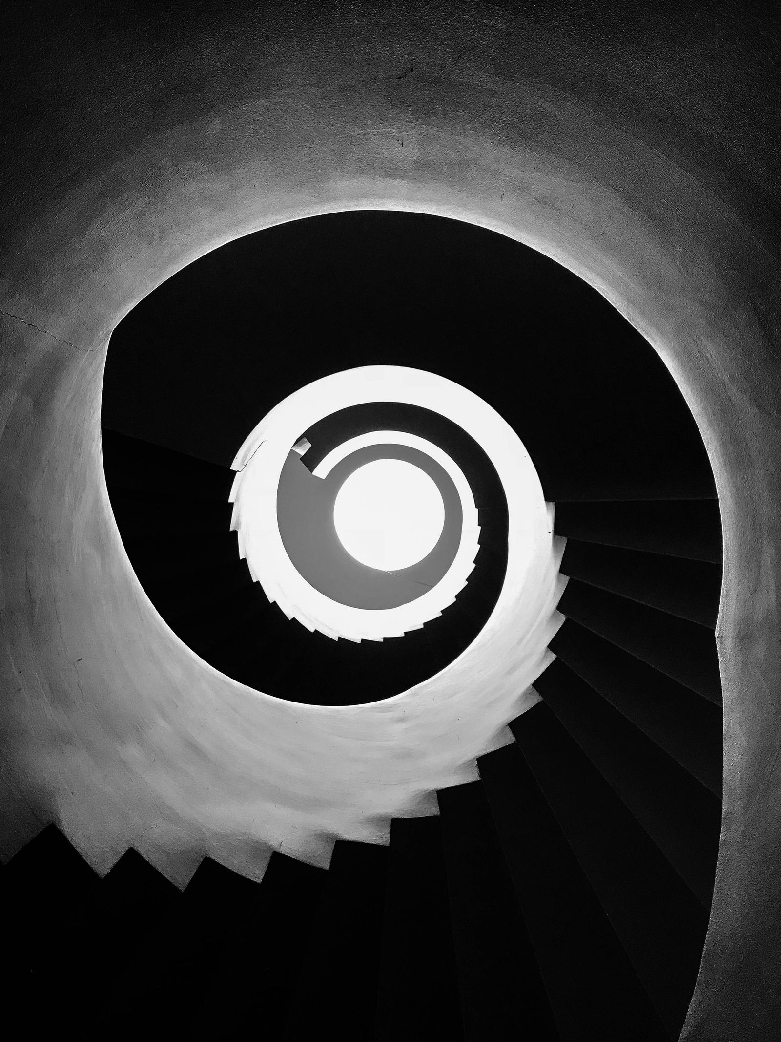 Sculptural concrete staircase spiralling down through a gallery
