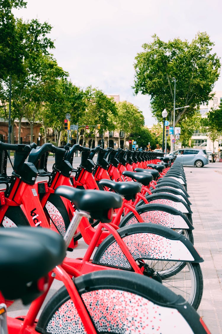 Parked Red Bicycles