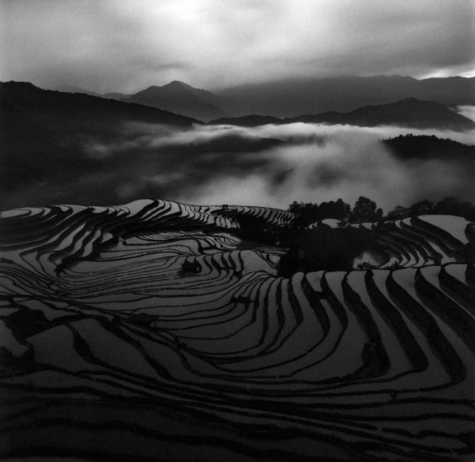 Dramatic black and white view of misty terraced rice fields in Hà Giang, Vietnam.