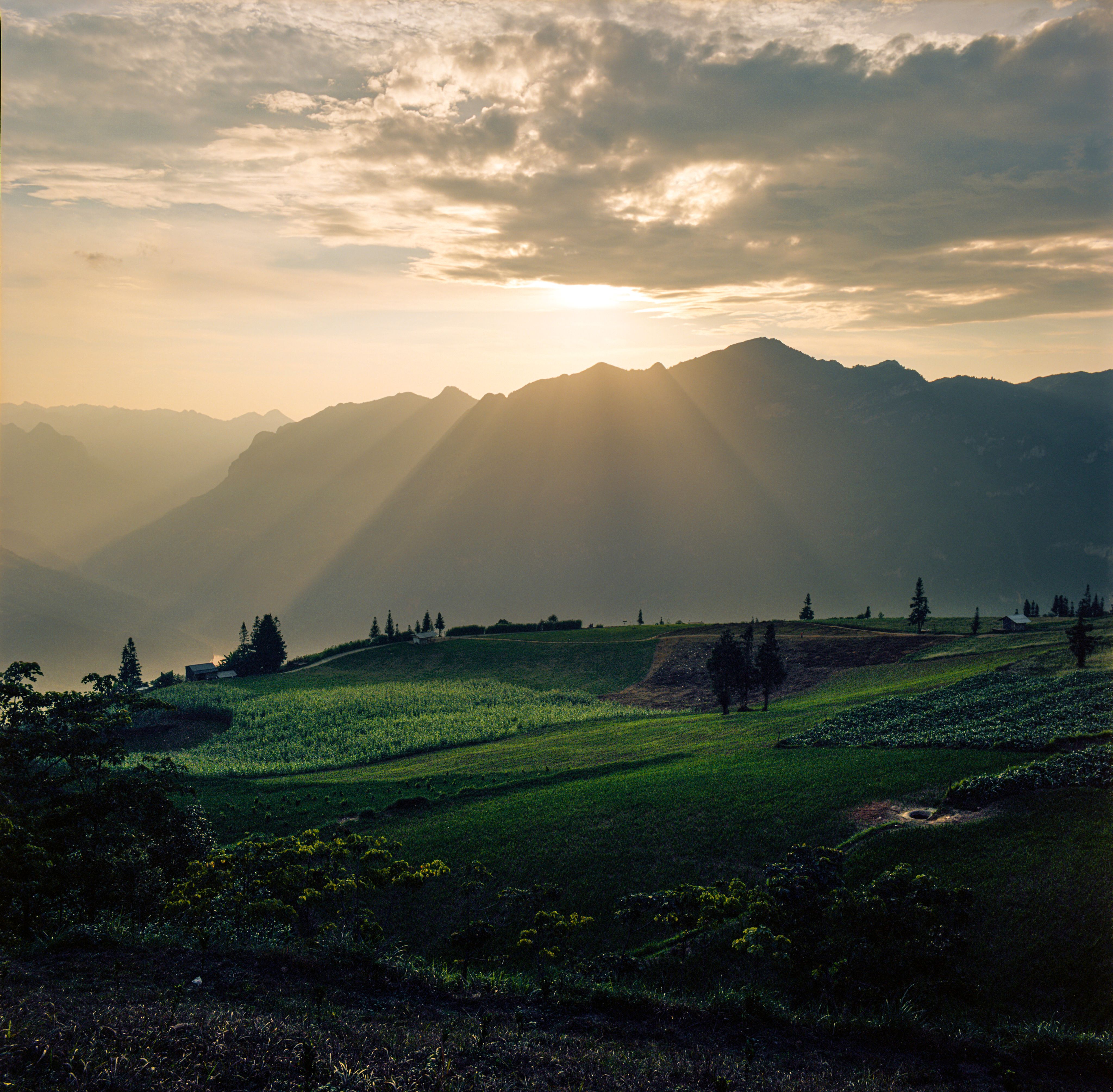 The Sun Setting Behind Mountains and a Rice Paddy · Free Stock Photo