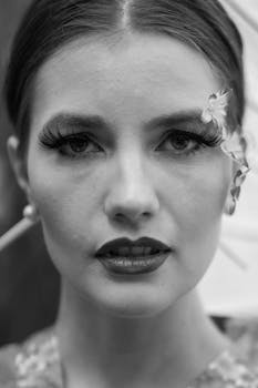 Close-up portrait of a woman with artistic makeup and flower decor against monochromatic backdrop.