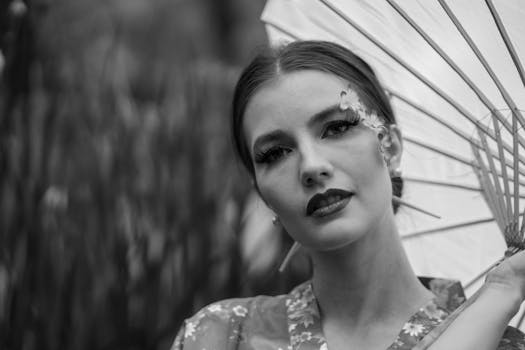 Black and white portrait of a woman holding an umbrella in a garden setting.