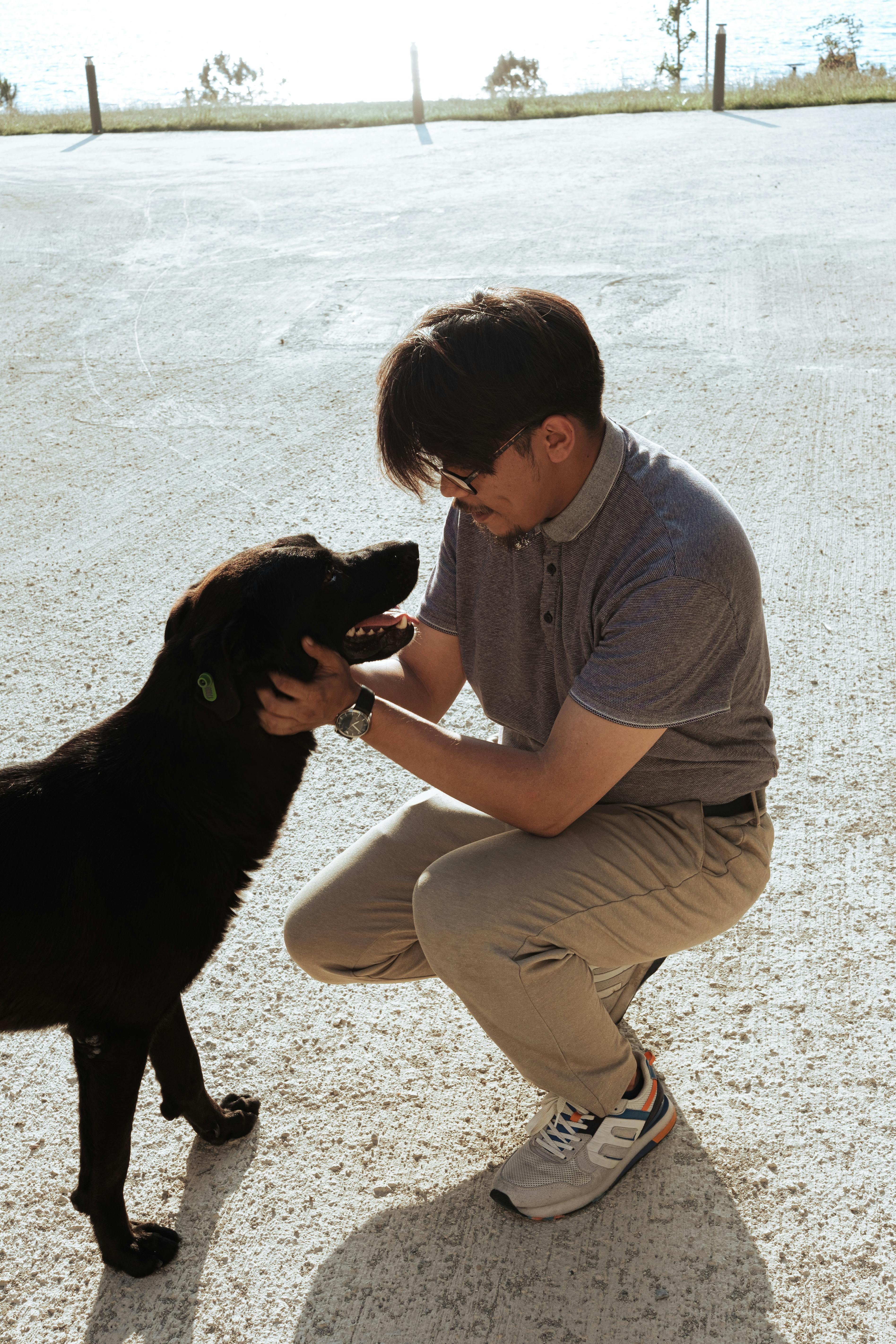 a man kneeling down to pet a black dog