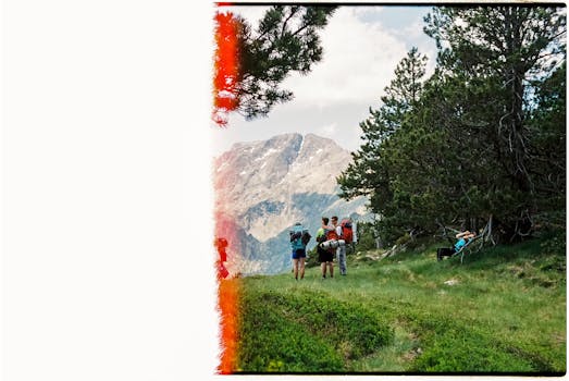 Explore a beautiful mountain trail with hikers amidst greenery and stunning views.