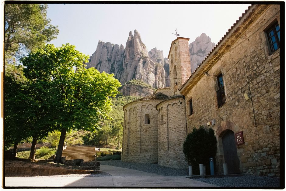 Panoramic view of the Montserrat mountain range and monastery near Barcelona, Spain