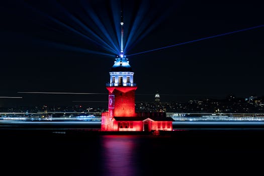 A captivating night photograph of the illuminated Maiden's Tower on the Bosphorus in İstanbul, Türkiye.
