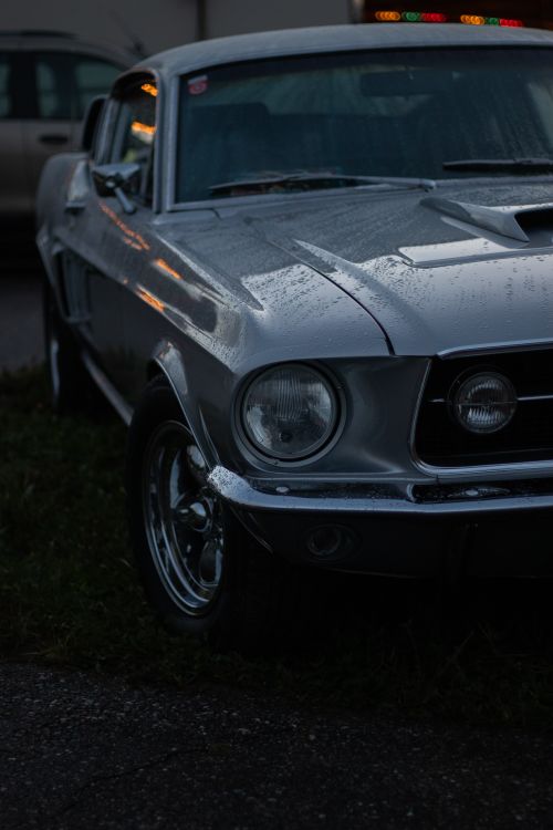 Free Glistening silver Mustang car with chrome wheels parked outdoors at twilight, capturing a classic automotive vibe. Stock Photo