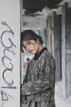 一名年轻女子时尚地倚靠在涂鸦墙边，尽显都市风尚