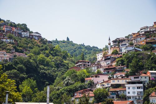 Free Charming hillside village with lush greenery and traditional architecture under a summer sky. Stock Photo