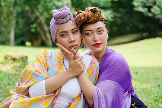 这幅户外肖像色彩缤纷，描绘了两位头戴时尚头巾、气质各异的女性，散发着友谊与优雅的气息